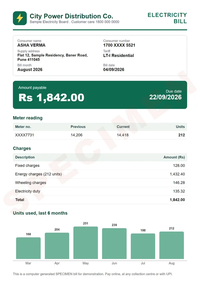 Specimen electricity bill