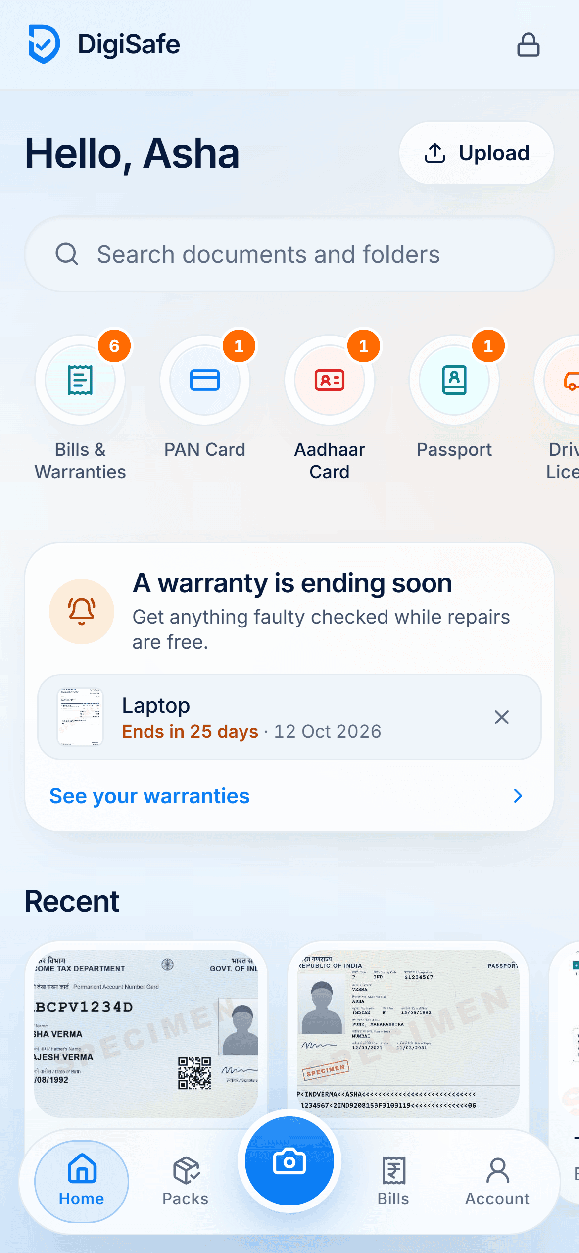 DigiSafe home screen: folders for bills, PAN card, Aadhaar and passport, a warranty reminder and recent documents