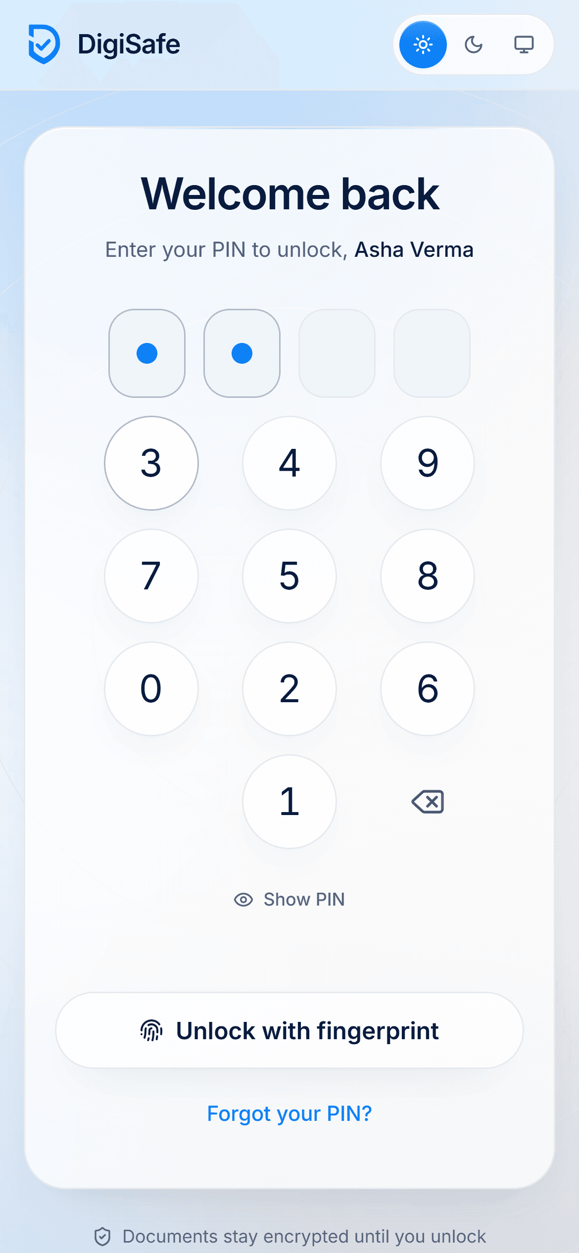 The DigiSafe PIN screen with a shuffled keypad and fingerprint unlock