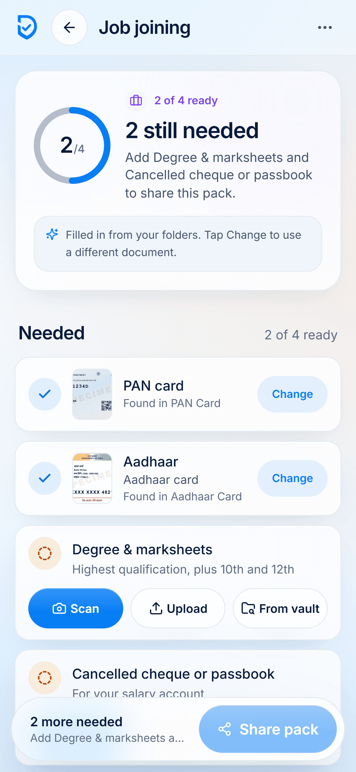A DigiSafe document pack showing what is ready and what is missing