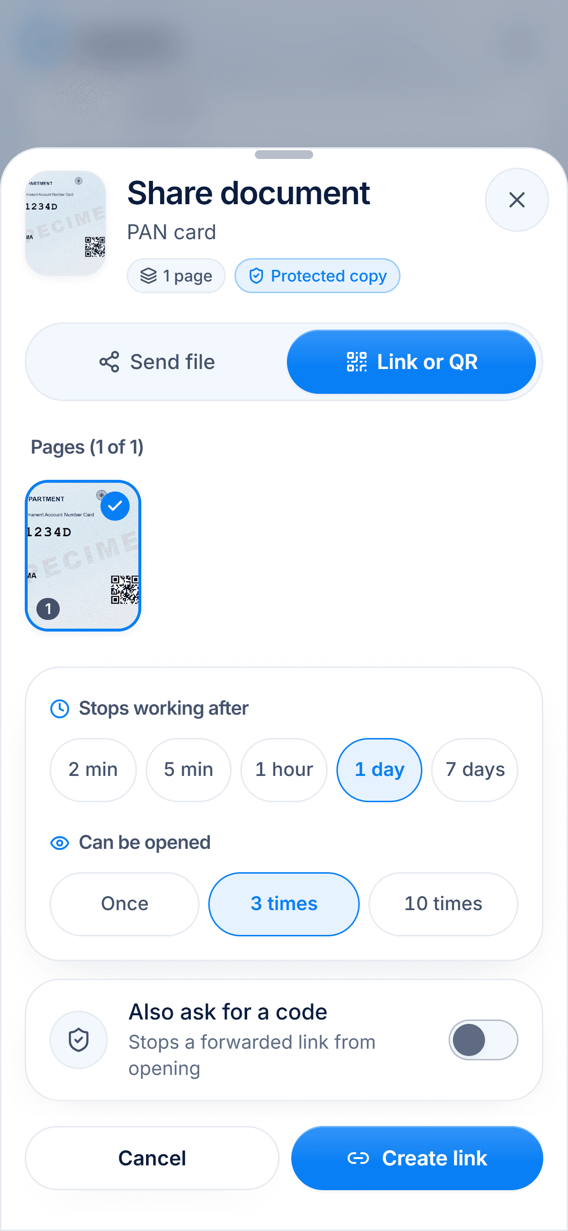Setting up a DigiSafe share link with an expiry time and an open limit