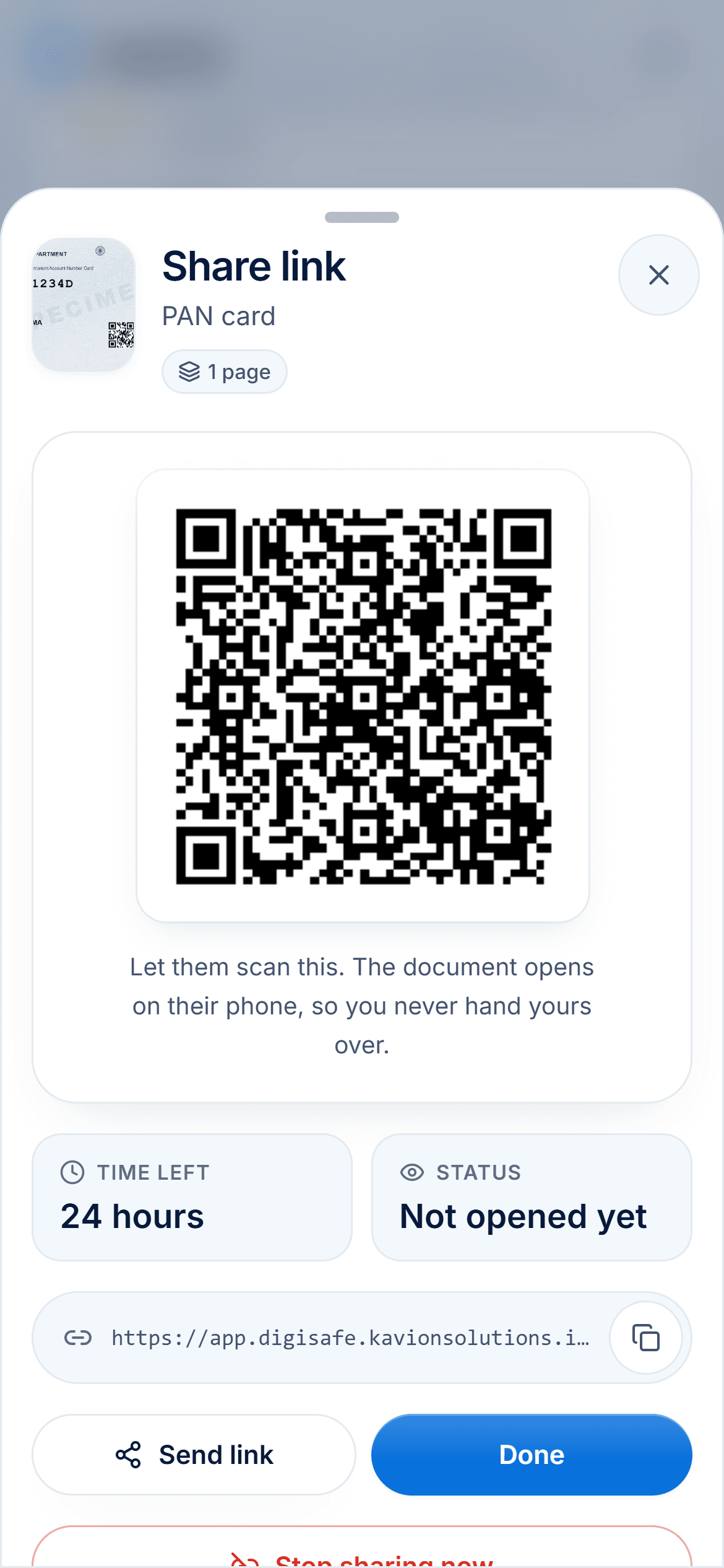 A DigiSafe share link with a QR code, time left and open status