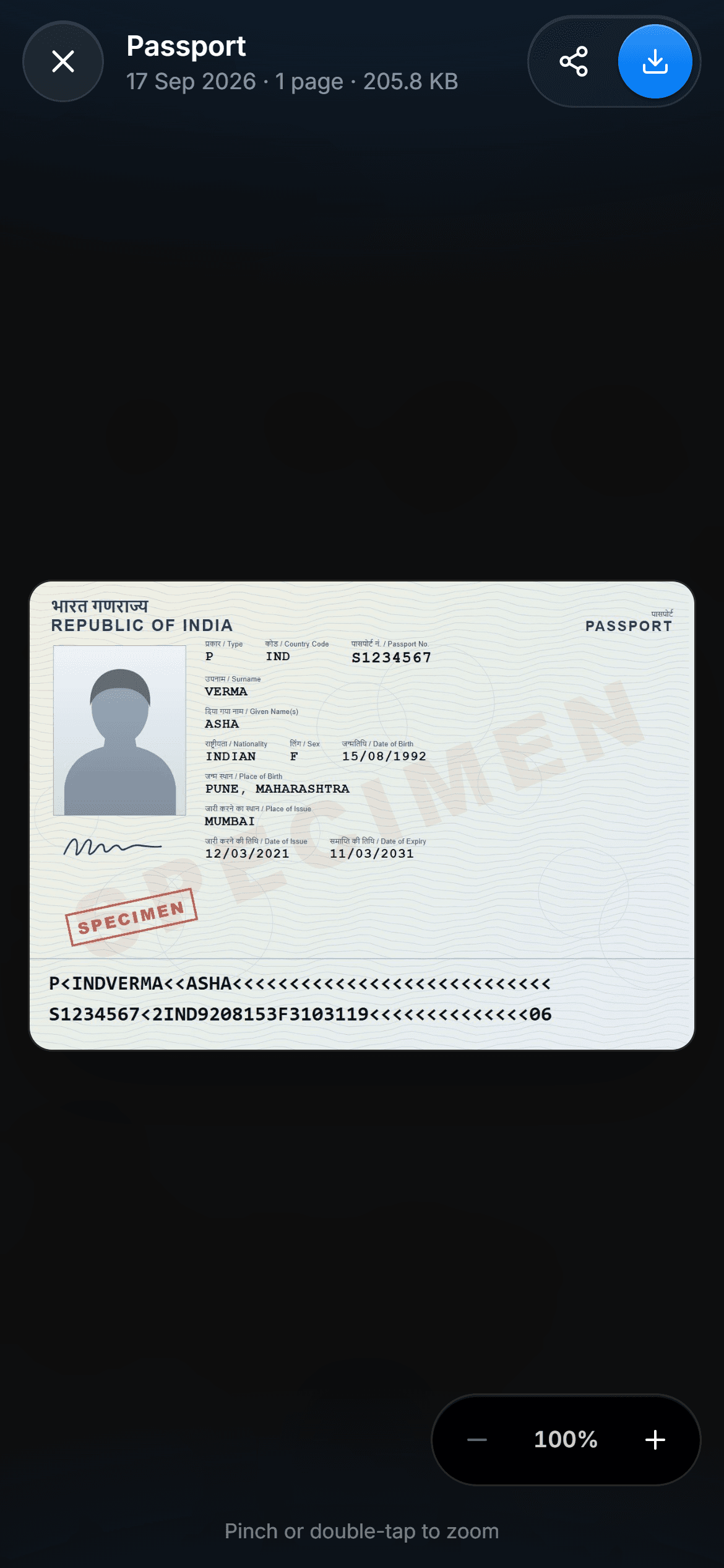 A specimen passport open in DigiSafe